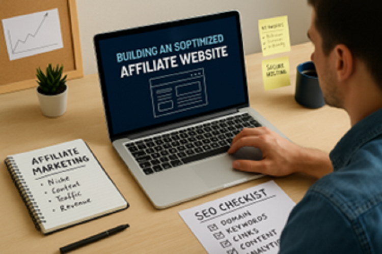 Photorealistic image of a web designer setting up an affiliate site on a laptop, surrounded by notes, SEO checklists, and a coffee mug in a bright, modern workspace.